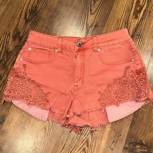 American Eagle pink high-rise festival shorts with lace flower design on pockets